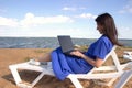 Young woman using laptop computer on a beach. Freelance work concept Royalty Free Stock Photo