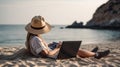 Young woman using laptop computer on beach, freelancer girl working remote, Freelance work, online learning, distant work concept Royalty Free Stock Photo