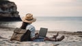 Young woman using laptop computer on beach, freelancer girl working remote, Freelance work, online learning, distant work concept Royalty Free Stock Photo