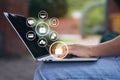 Young woman using laptop computer with hologram in coffee shop, GDPR. cyber security and privacy concept Royalty Free Stock Photo