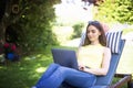 Young woman using laptop in the garden while working from home Royalty Free Stock Photo