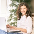 Young woman using laptop. Girl hands at computer keyboard. Lifestyle technology Royalty Free Stock Photo