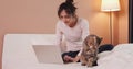 Young woman using laptop and look cat on bed.