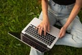 Young woman using laptop outdoor on grass Royalty Free Stock Photo