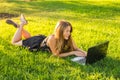 Young woman using laptop in the park lying on the green grass. Leisure time activity concept