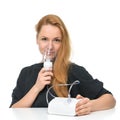 Young woman using nebulizer mask for respiratory inhaler Asthma Royalty Free Stock Photo