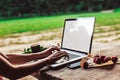 Young woman using and typing laptop computer at rough wooden table with coffee cup, strawberries, bouquet of peonies flowers, Royalty Free Stock Photo