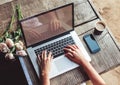 Young woman using and typing laptop computer at rough wooden table with coffee cup, strawberries, bouquet of peonies flowers, Royalty Free Stock Photo