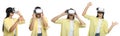 Young woman using virtual reality headset on white background, collage. Banner design Royalty Free Stock Photo