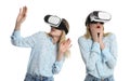 Young woman using virtual reality headset on white background, collage Royalty Free Stock Photo