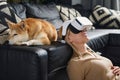 Young Girl Enjoying VR Technologies, Her Dog Napping Next to Her Royalty Free Stock Photo