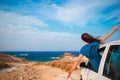 Young woman on vacation travel by car. Summer holiday and car travel concept. Family travel. Royalty Free Stock Photo