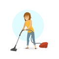 Young woman vacuum cleaning home