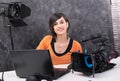 Young woman video editor working in studio Royalty Free Stock Photo