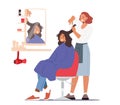 Young Woman Visiting Beauty Salon. Hairdresser Master doing Haircut for Girl Cutting Hair with Scissors front of Mirror