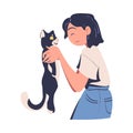 Young Woman Volunteer Caring of Homeless Cat Pet Holding It with Arms Vector Illustration