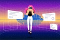 Young woman with VR helmet connecting to futuristic technology metaverse virtual reality with abstract cityscape on Royalty Free Stock Photo