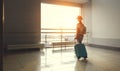 young woman waiting for flying at airport at window with suitcase Royalty Free Stock Photo