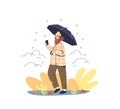 Young woman walk in autumn park under umbrella enjoy rainy weather. Happy hipster girl take selfie Royalty Free Stock Photo