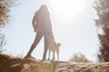 Young woman on a walk with her dog breed Akita inu. Royalty Free Stock Photo