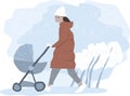 Young woman walking with a baby bassinet stroller in winter. Mother and child walk in the park Royalty Free Stock Photo