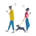 Young woman walking dog on leash and man passing by each other, looking at their mobile phones and checking social Royalty Free Stock Photo