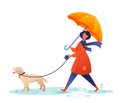 Young woman walking the dog under umbrella Royalty Free Stock Photo