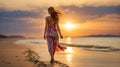 Young woman walking on empty wild beach in sunset lights. Generative AI