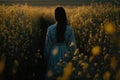 Young woman walking through a field of yellow flowers at sunset. Generative AI Royalty Free Stock Photo