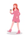 Young woman walking. Flat girl drinks coffee