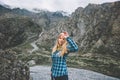 Young Woman walking in foggy mountains landscape Royalty Free Stock Photo