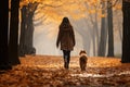 young woman walking her dog in the park in autumn day, AI Generated