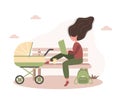 Young woman walking with her newborn child in an yellow pram. Girl sitting with a stroller and a baby in park in the