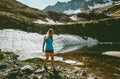 Young Woman walking outdoor at lake in mountains Royalty Free Stock Photo