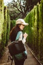 Young woman walking in the park labyrinth Royalty Free Stock Photo