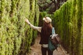 Young woman walking in the park labyrinth Royalty Free Stock Photo