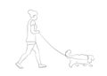 Young woman walking with pet dog. Dog walker. Friendship. Dog walking concept. Vector illustration. Outline silhouette Royalty Free Stock Photo