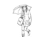Young woman walking under umbrella, holding shopping bag, wearing winter clothes, smiling. Vector drawing Royalty Free Stock Photo