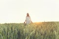 Young woman walking on a wheat field on sunset Royalty Free Stock Photo