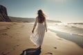 Young woman walks on beach alone, girl wearing white dress by sea, generative AI