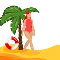 A young woman walks on the beach. Girl in a red swimsuit on the sand. Vector flat illustration. Royalty Free Stock Photo