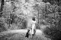 The young woman walks in park with a dog. Sunny day. Animal husbandry. Young woman posing with dog on a autumnal park