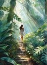 A young woman walks a path through the tropical forest