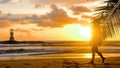 Young woman walks at seaside in romantic golden sunset lights. Female tourist walking barefoot along sea water waves on Royalty Free Stock Photo