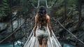 Young woman walks on suspension wooden bridge in tropical forest, person on old footbridge across river. Scene with girl, jungle Royalty Free Stock Photo