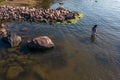 A young woman walks on the water. Lady bathes. Concept of summer vacation, skin and health care, relaxation