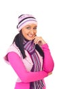 Young woman in warm pink clothes