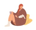 Young woman in warm socks and wrapped in cozy blanket holding tea cup. Female character relaxing with cat and drinking Royalty Free Stock Photo