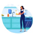 Young Woman Washing Dish Flat Vector Illustration