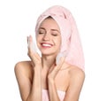 Young woman washing face with soap foam on white background Royalty Free Stock Photo